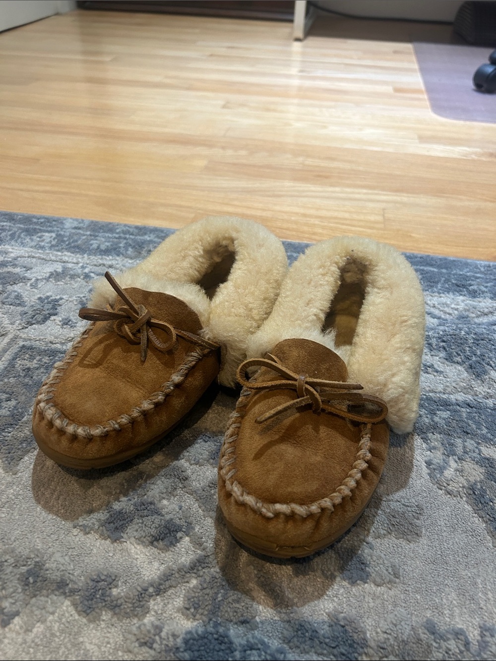 LLBEAN Chestnut Suede Moccasin Slippers with Shearling Trim